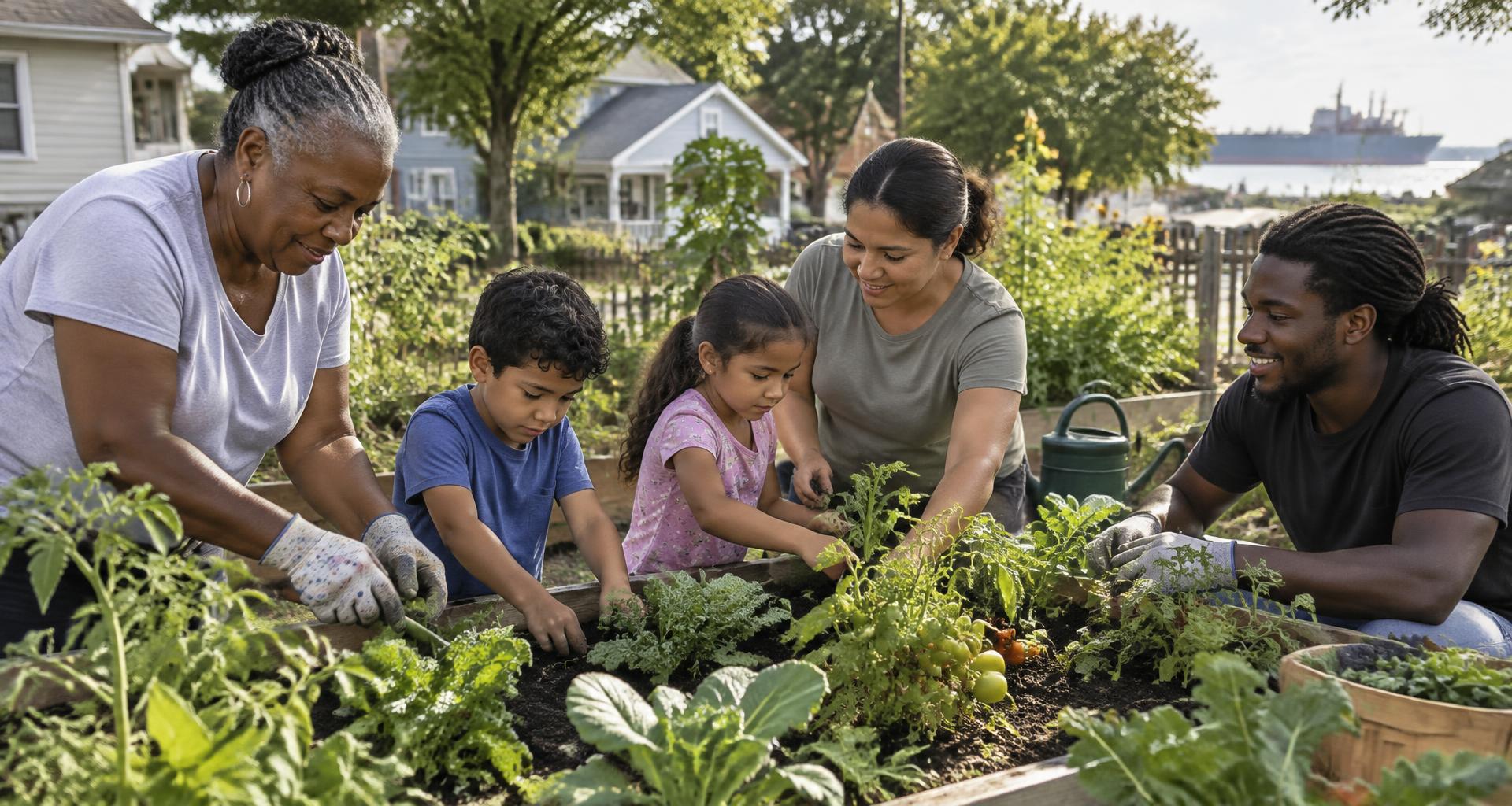 Different generations working together in a neighborhood community garden