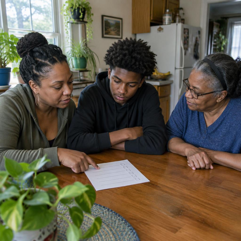 A mother, teenager, and grandmother reviewing a checklist together at home