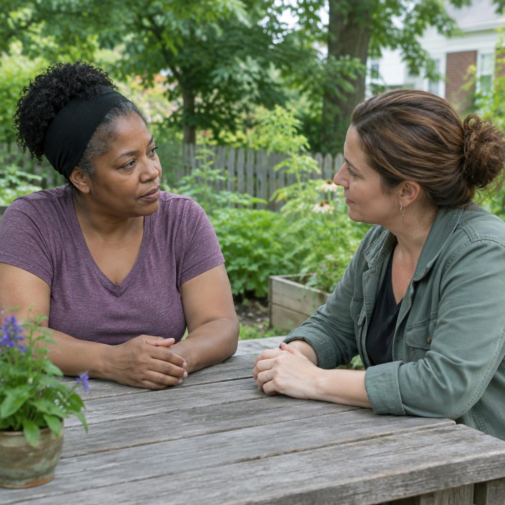 Two women sharing a supportive conversation in a community garden