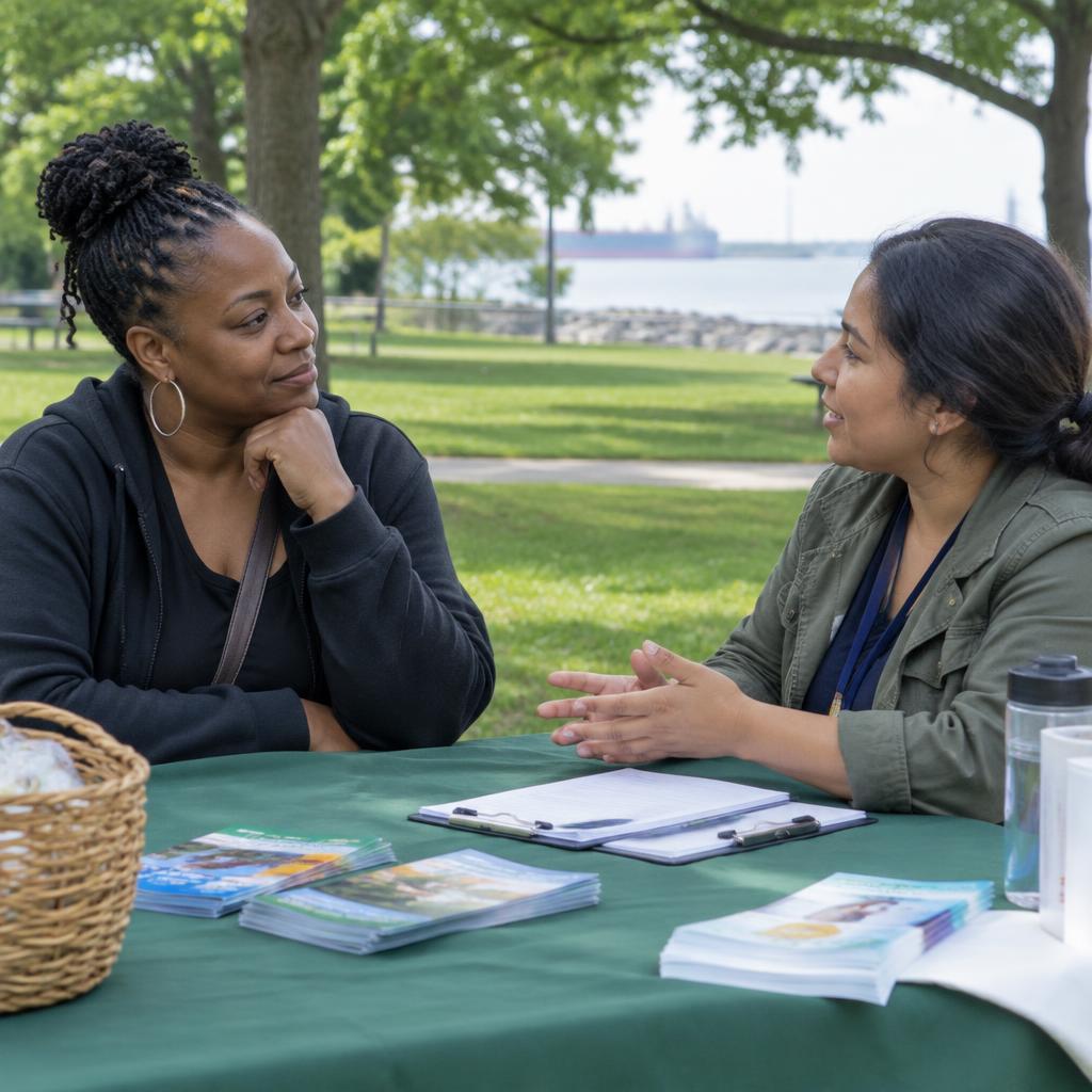 A community member talking through support options with an outreach worker